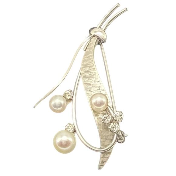 Krementz Pearl & Rhinestone Floral Brooch Silver Tone Signed Vintage - Picture 3 of 8